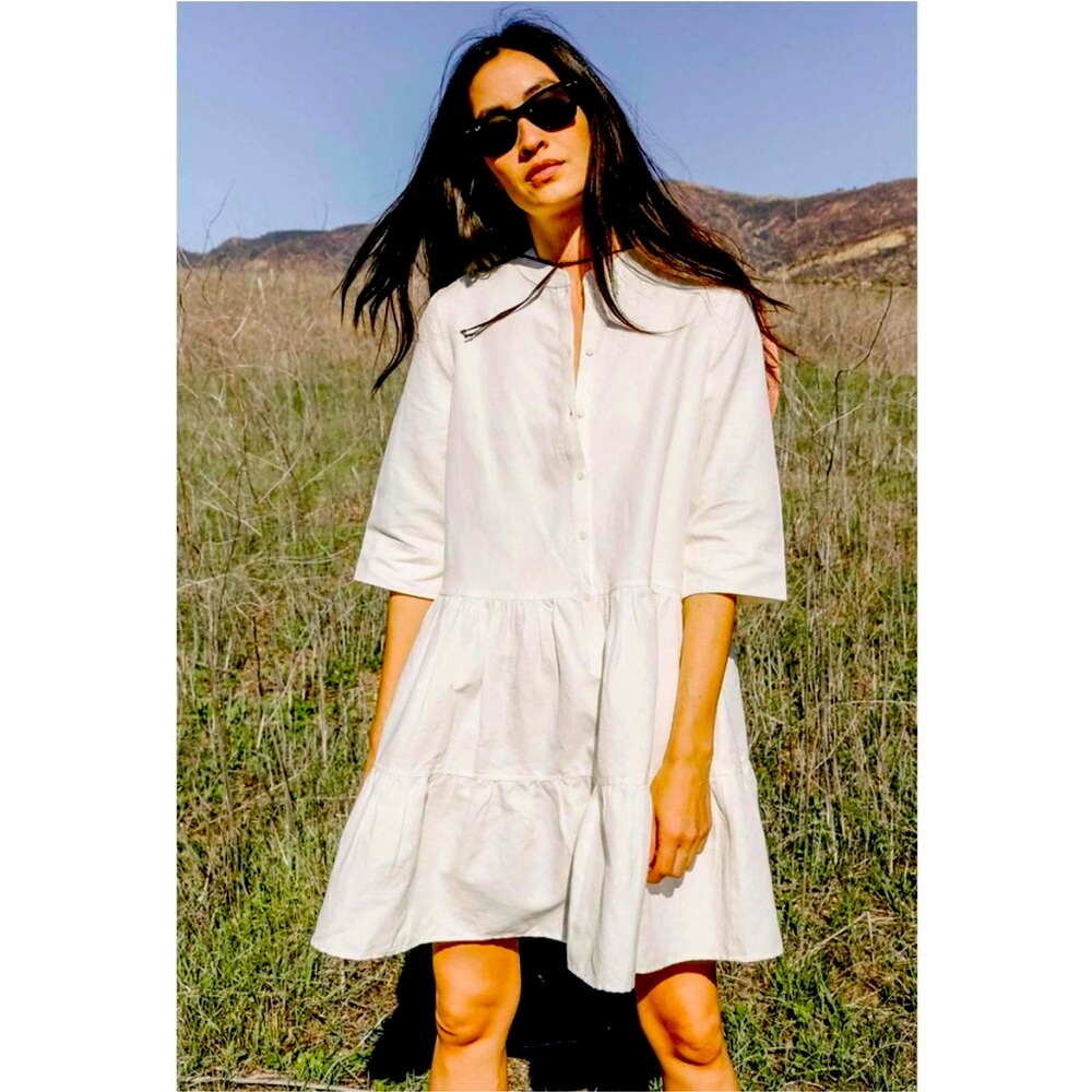 APIECE APART Maurino Dress Womens Small Cream Short Sleeve Tiered Shirtdress